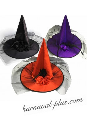 Карнавальный колпак Ведьмы с вуалью и розами, цвета микс